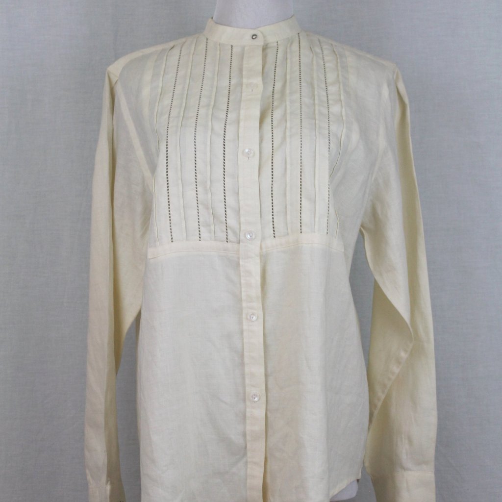 Ralph Lauren Vintage Linen Pin-Tucked Mandarin Collar Tuxedo Shirt M-L